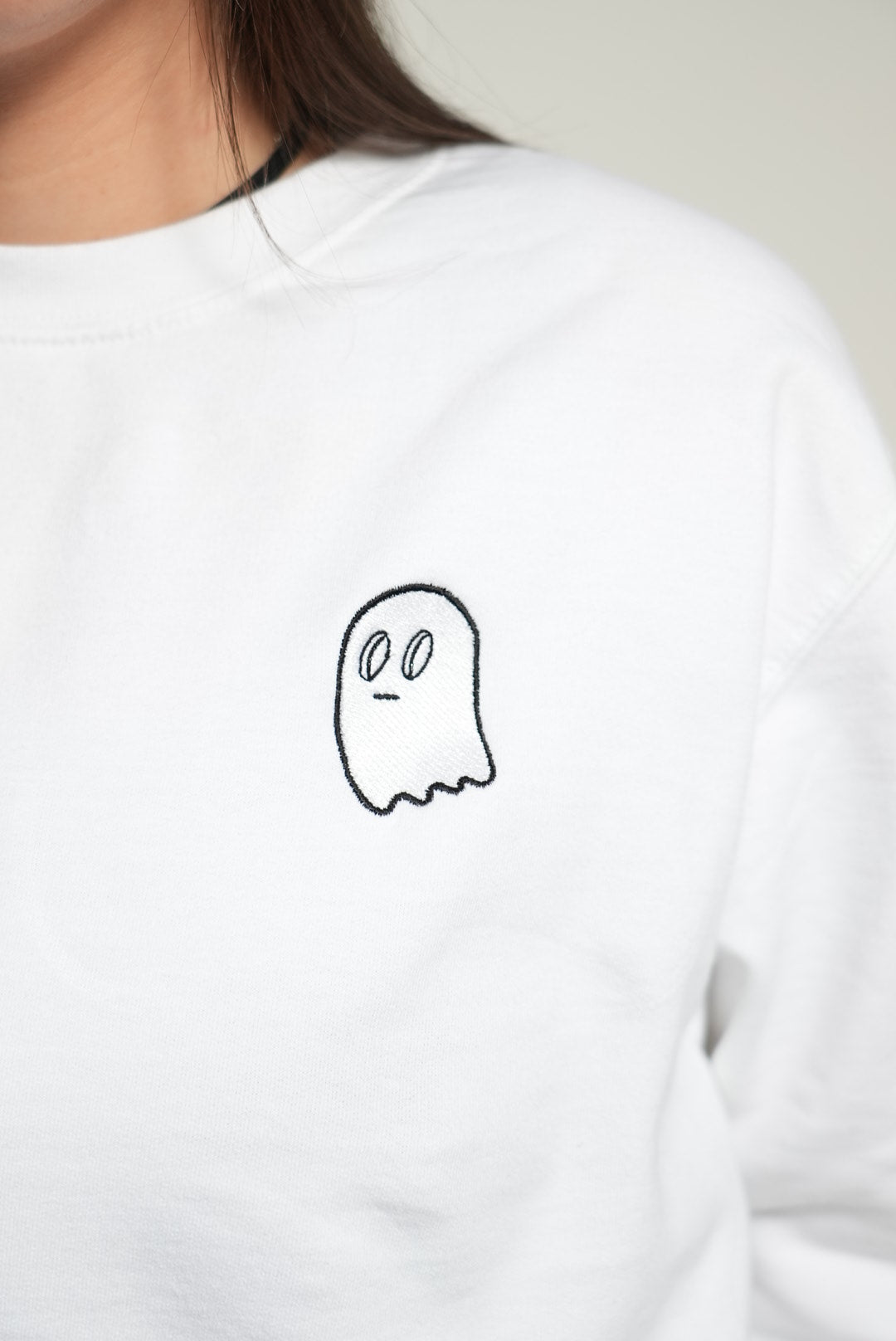 Unisex Embroidered Ghost Crewneck white
